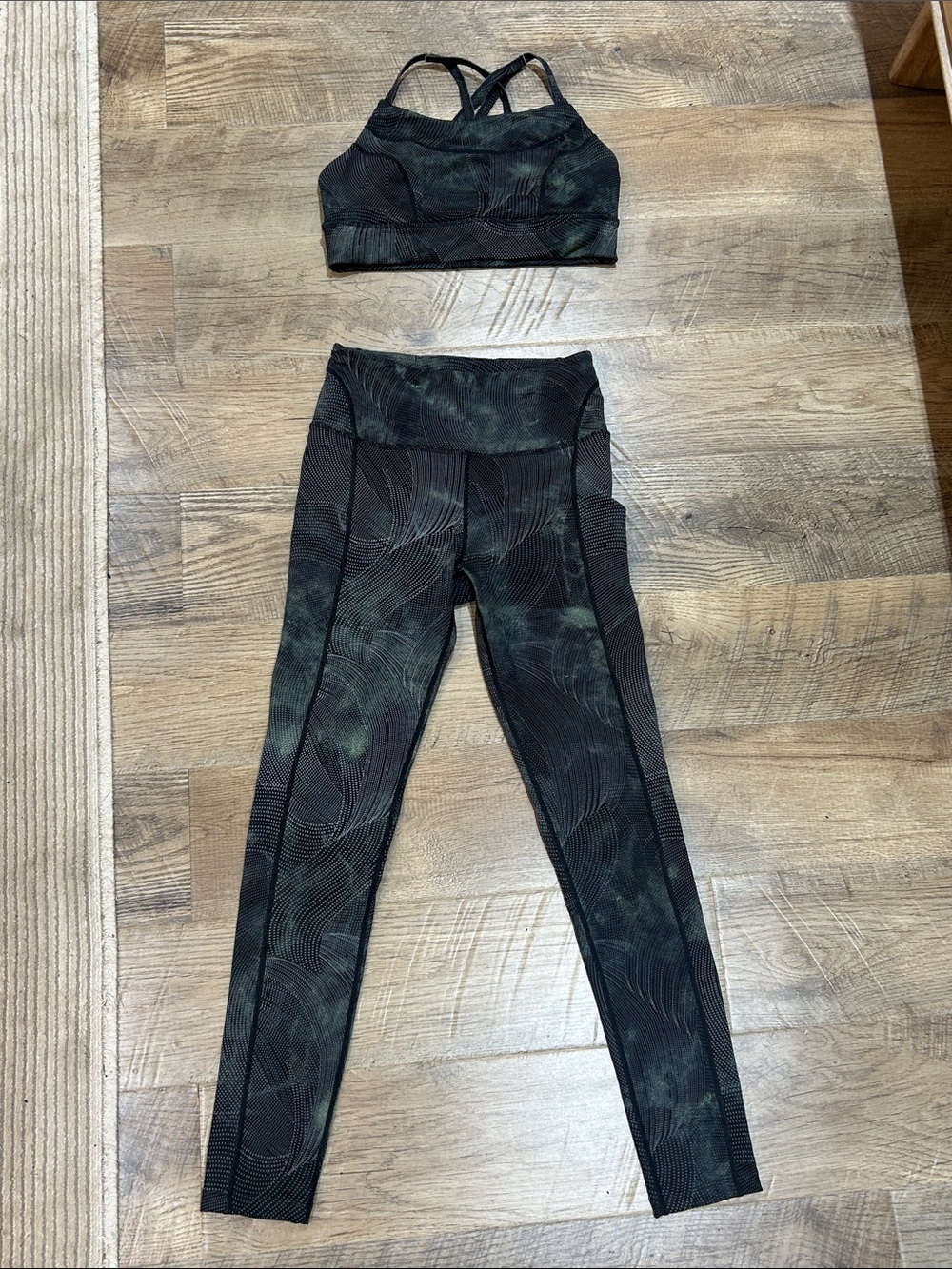 Free People Black and Olive Green Patterned Sports Bra & Leggings Set